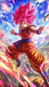 Crimson-haired warrior unleashing aerial power burst.