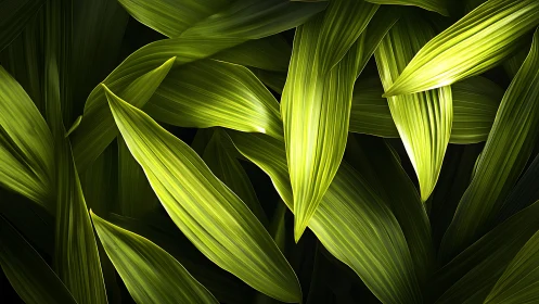 Bright green leaves overlap under directional top lighting