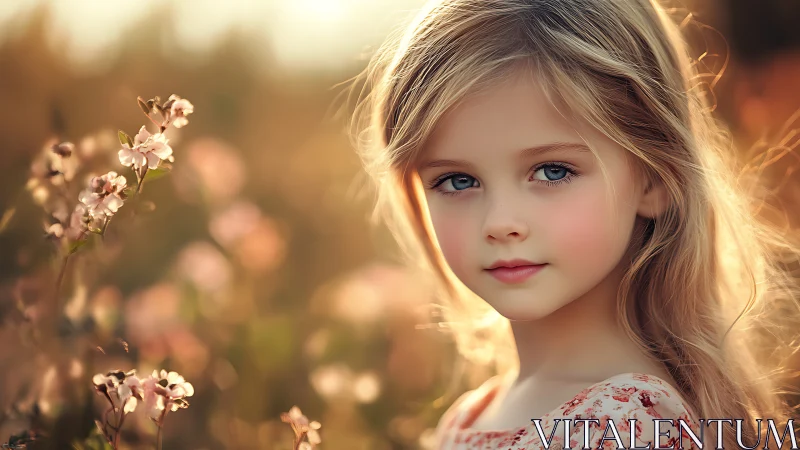 Young girl in sunlit field with pink flowers. Serene portrait.