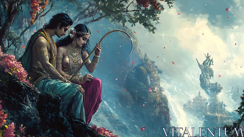 Mythic lovers rest above misty cliffs and distant citadel.