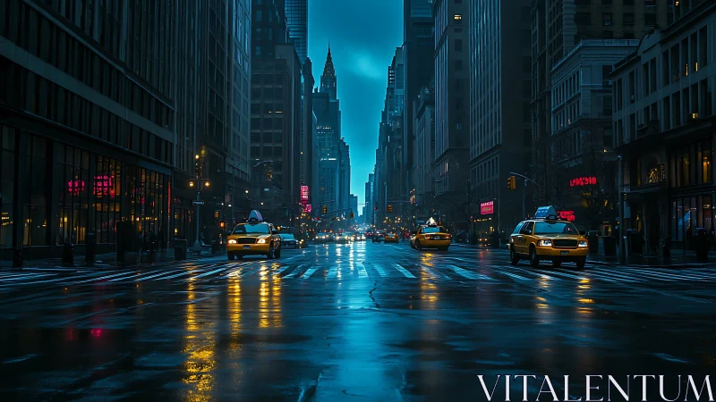 Moody blue city street glows with yellow taxis at dusk.