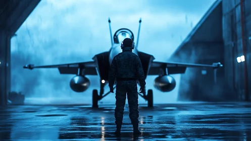Tactical ground crew silhouette before armed fighter jet at dusk.