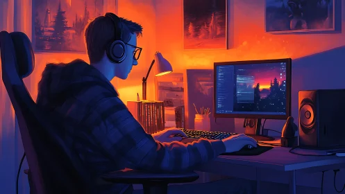 Monitor-lit night owl codes landscapes in neon dusk glow