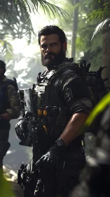 Tactical soldier with rifle standing alert in dense jungle.