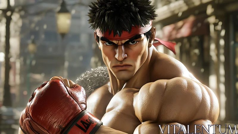 Battle ready fighter in sunlit city street stance.