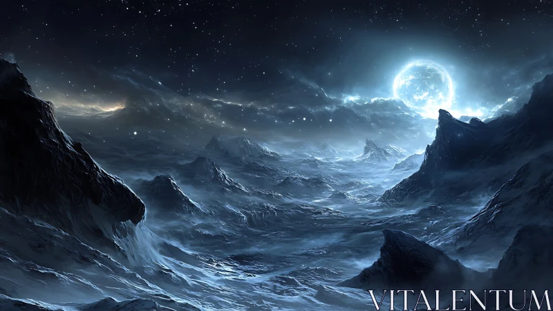 Moonlit icy valley stretches beneath a calm, starry sky
