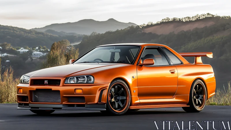 Sunlit orange sports coupe parked by peaceful green hills.