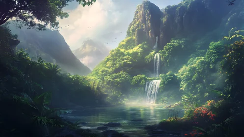 Sunlit rainforest cascade renders atmospheric depth and scale