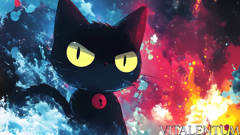 Cosmic guardian cat between swirling fire and starlit sea.