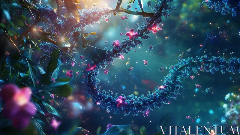 Bioluminescent floral helix curling through dreamlike forest.