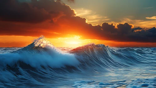 Stormlit ocean waves under blazing fiery sunset sky.