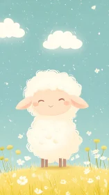 Smiling cartoon lamb in pastel meadow with soft clouds above.