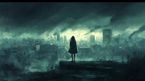 Solitary figure surveys dystopian skyline in teal atmospheric haze