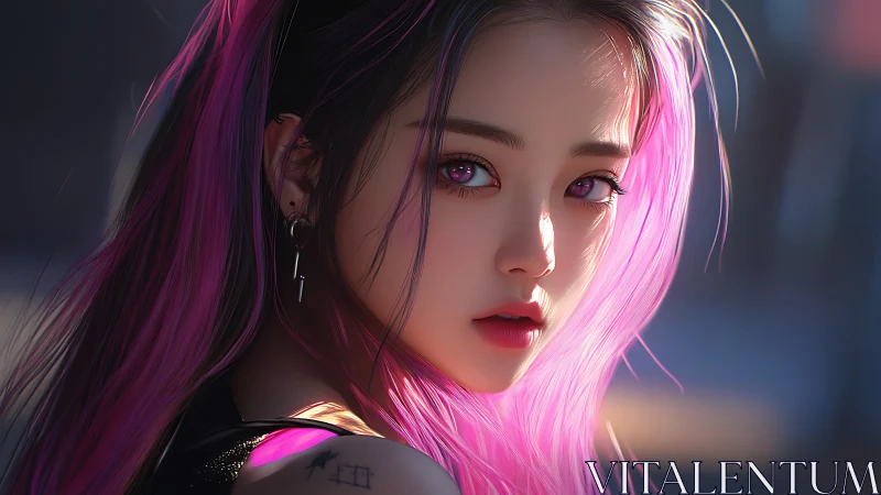 Neon haired girl in cinematic rim light portrait render.