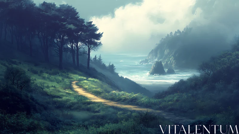 Coastal forest path leading to misty cliffs and sea.