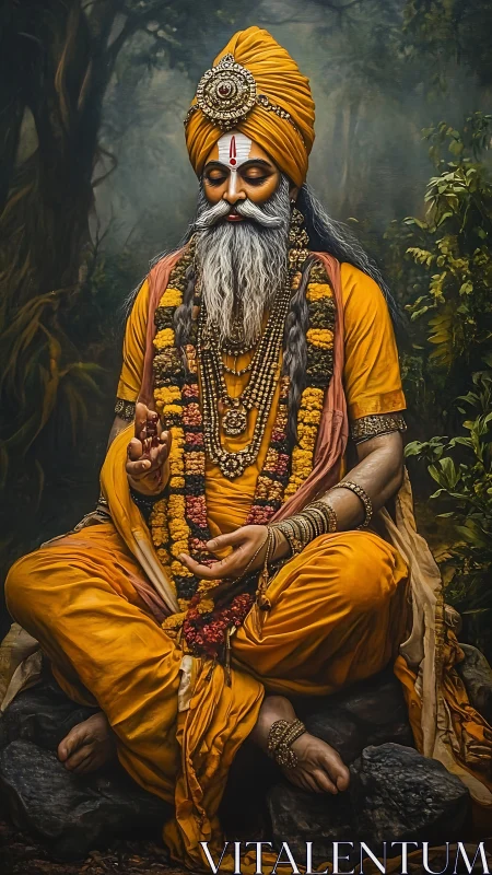 Mystic sage in saffron robes meditating in lush forest stillness.