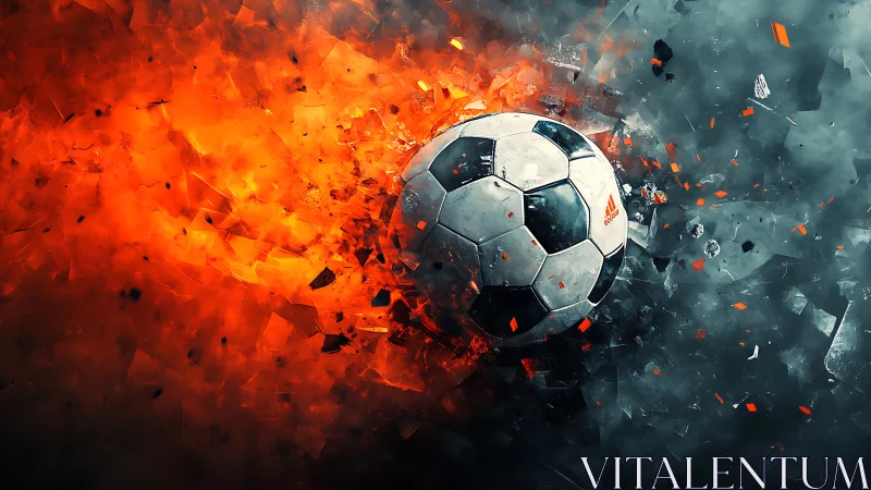 Blazing soccer ball shattering through molten abstract space.
