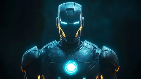 High-luminance exosuit frontal portrait with arc-core reactor.