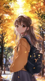 Golden autumn walk with a soft-smiling schoolgirl under leaves.