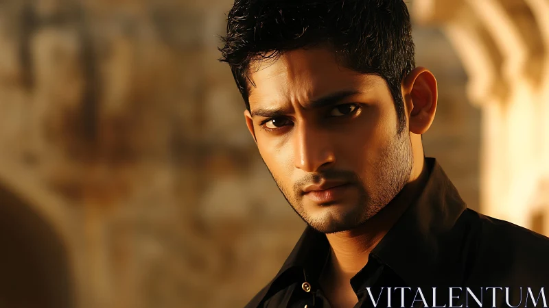 Brooding gaze in molten sunset light, sharpened by shadow.