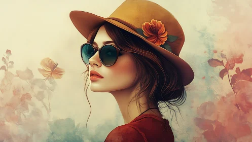 Digital portrait depicts woman in hat and sunglasses in profile