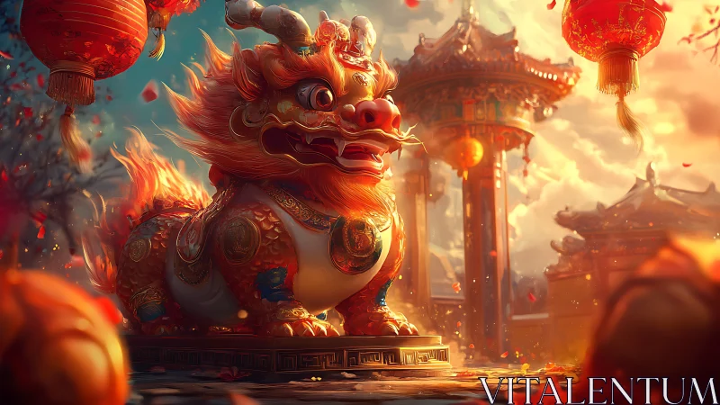 Fiery guardian lion watches over lantern‑lit temple courtyard.