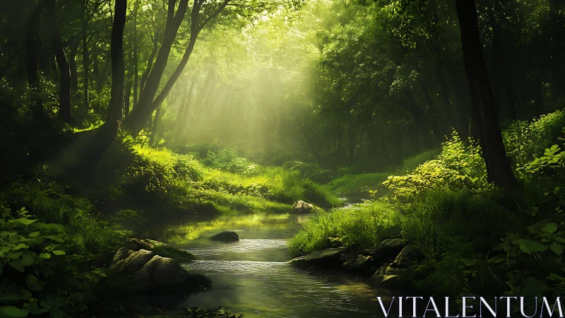 Forest Stream with Sunlight Through Canopy.