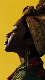 Profile portrait in bold yellow with patterned headwrap.