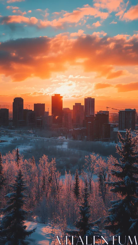 Backlit winter skyline with high-rise silhouettes and rim-lit trees