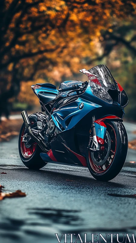 Photorealistic superbike profile on wet autumn roadway environment.