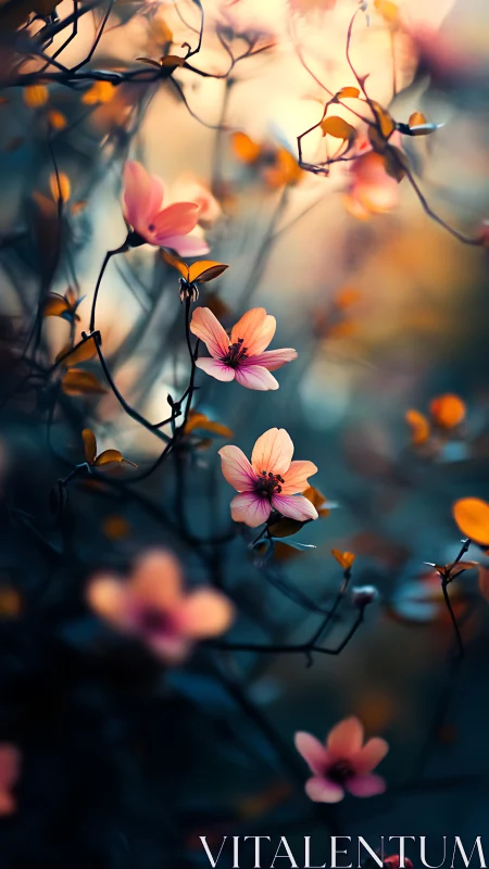 Pink and orange flowers on dark branches with shallow depth of field