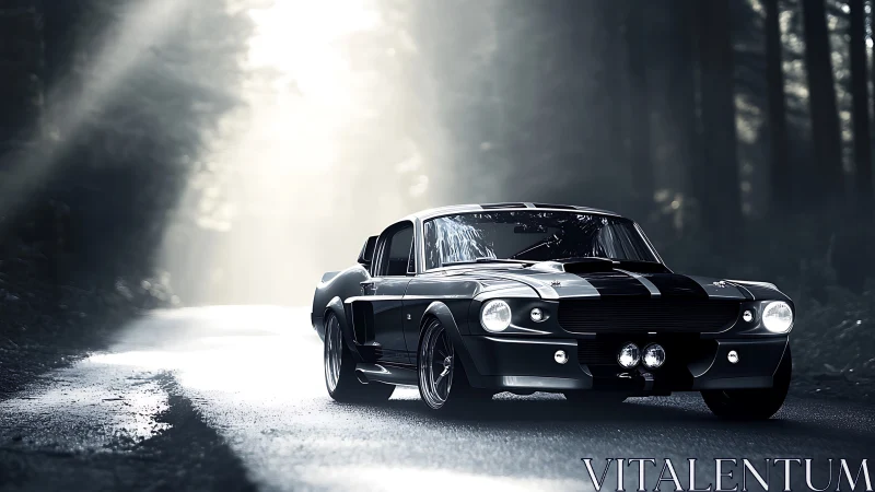 Retro fastback muscle car on misty forest road at dawn
