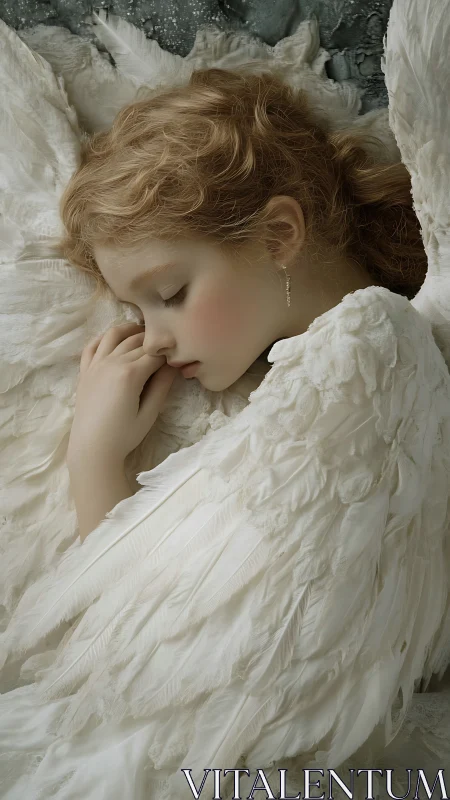 Sleeping angelic child wrapped in soft white feathered wings.