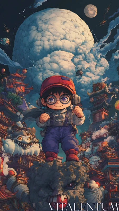 Steampunk kid hero over floating city and storm cloud titan.