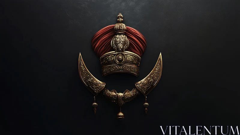 Ornate royal turban and twin curved daggers on dark background.