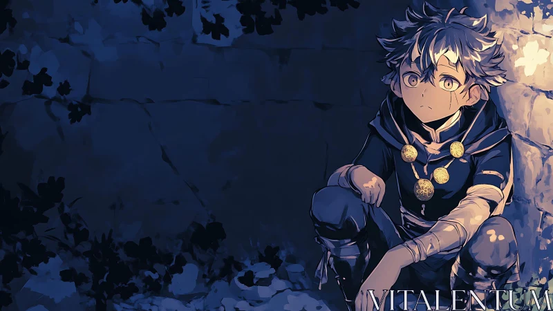 Moonlit novice mage tucks doubt beside an old stone wall