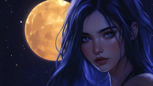 Blue haired woman under full moon in starry night sky.