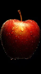 Photorealistic red apple with macro water droplets on black.