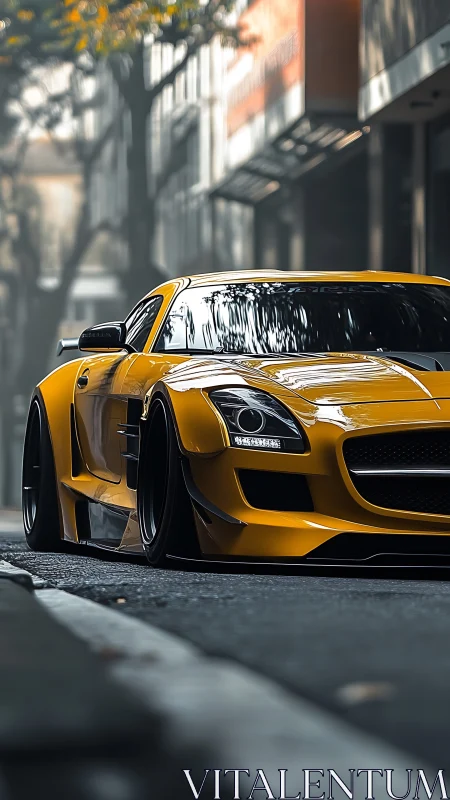 Low-slung yellow sports car parked on quiet city street.