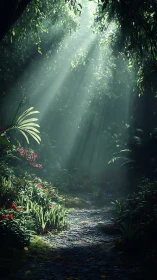 Luminous Forest Canopy with Volumetric Light Rays.