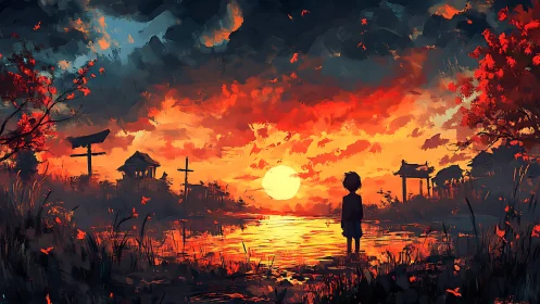 Solitary child contemplates a blazing crimson river sunset