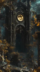 Gothic ruin with glowing moon gate and overgrown stairs.