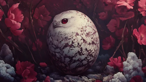 Spherical owl hybrid rests amid crimson florals in shadow