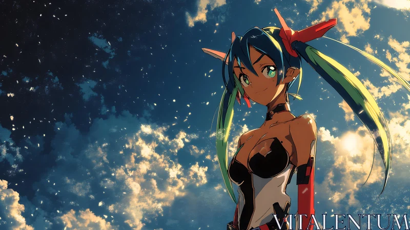 Skybound cyber heroine gazes into sunlit clouds of destiny.