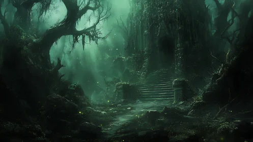 Ancient overgrown temple looms in eerie green forest gloom