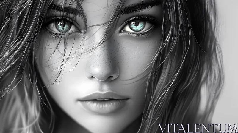 Monochrome digital portrait with cyan reflective irises detail