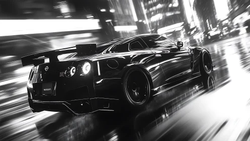 Midnight sports car storms through a neon city street