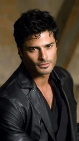 Dark haired man in black leather jacket under soft light