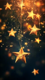 Golden star ornaments glow softly in dreamy night sky.