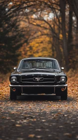 Classic black Ford Mustang on leaf-strewn autumn road.